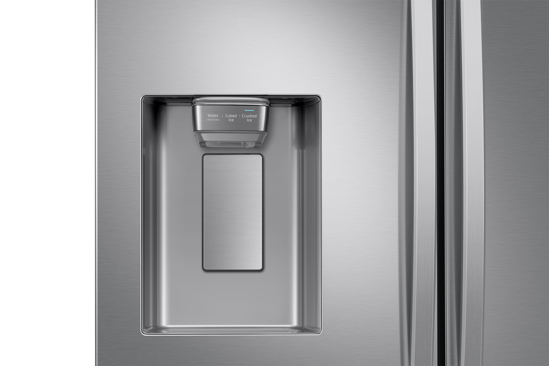 Zbliżenie na front ze szczotkowanej stali lodówki Multidoor RF23R62E3S9 - widoczny dystrybutor wody z kostkarką do lodu