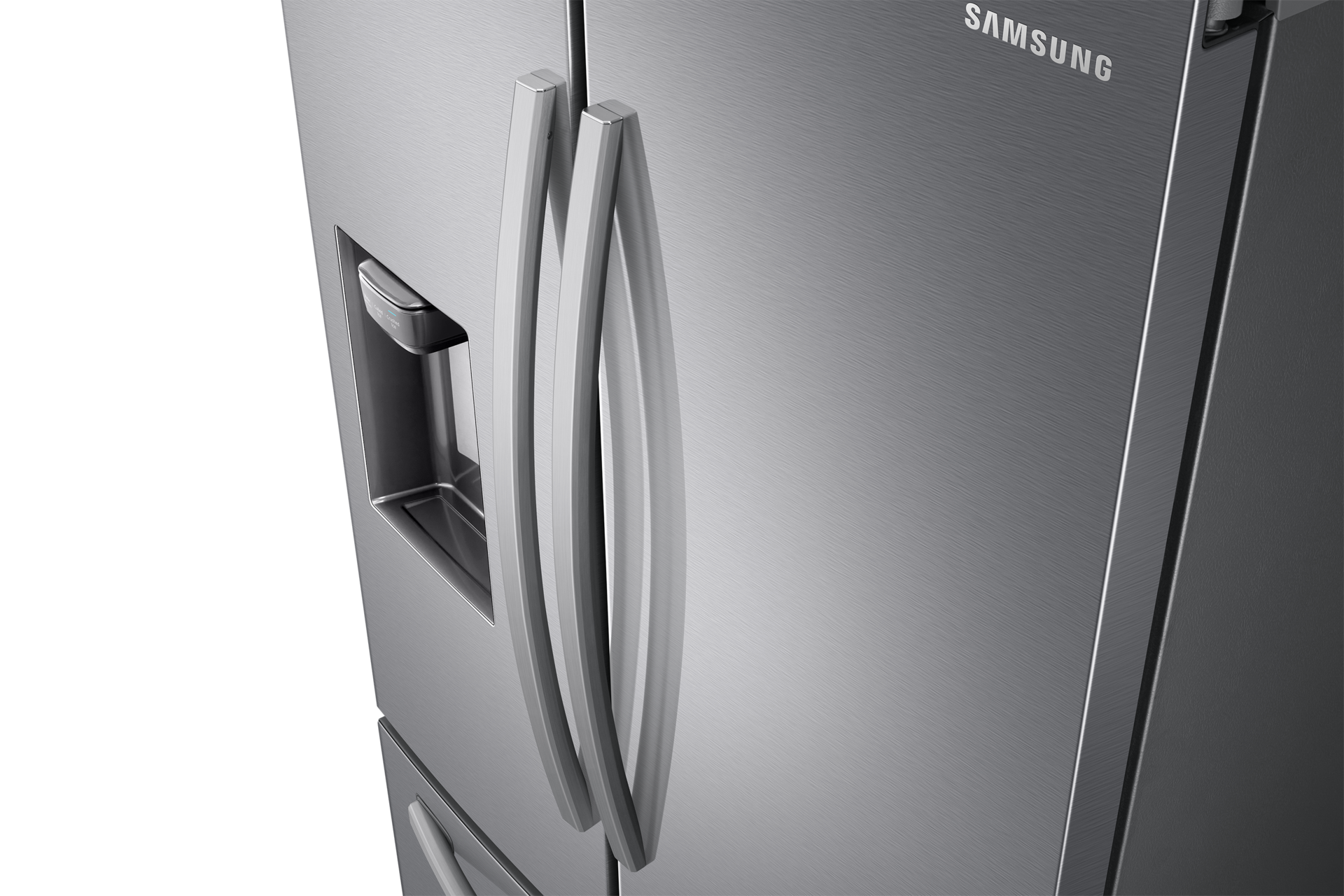 Widok od góry po skosie na drzwi lodówki Multidoor Samsung RF23R62E3S9.