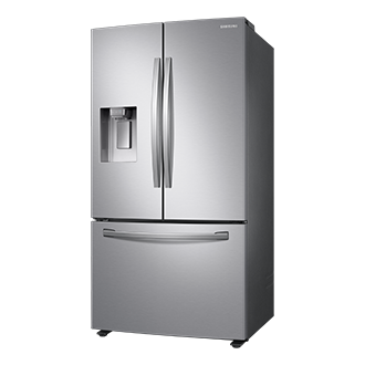 Pokazana z lewej pod kątem lodówka Samsung Multidoor RF23R62E3S9 z technologiami SpaceMax™ i  Twin Cooling Plus™