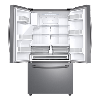 Lodówka Multidoor RF23R62E3S9 o pojemności 630 l z otwartymi podwójnymi drzwiami chłodziarki, co ukazuje całą dostępną wewnątrz przestrzeń