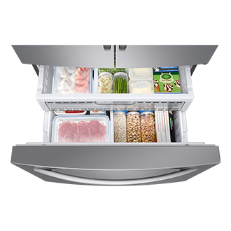 Szuflada zamrażalnika lodówki Samsung Multidoor RF23R62E3S9 wypełniona przykładowymi produktami