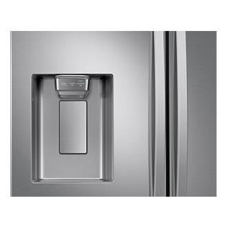 Zbliżenie na front ze szczotkowanej stali lodówki Multidoor RF23R62E3S9 - widoczny dystrybutor wody z kostkarką do lodu