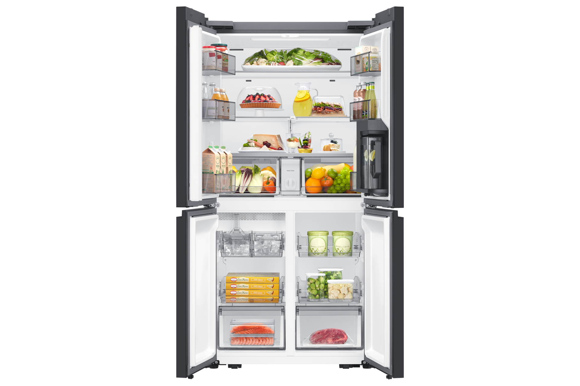 Lodówka do obudowy Multidoor Samsung RM70F63NEREO wypełniona produktami spożywczymi