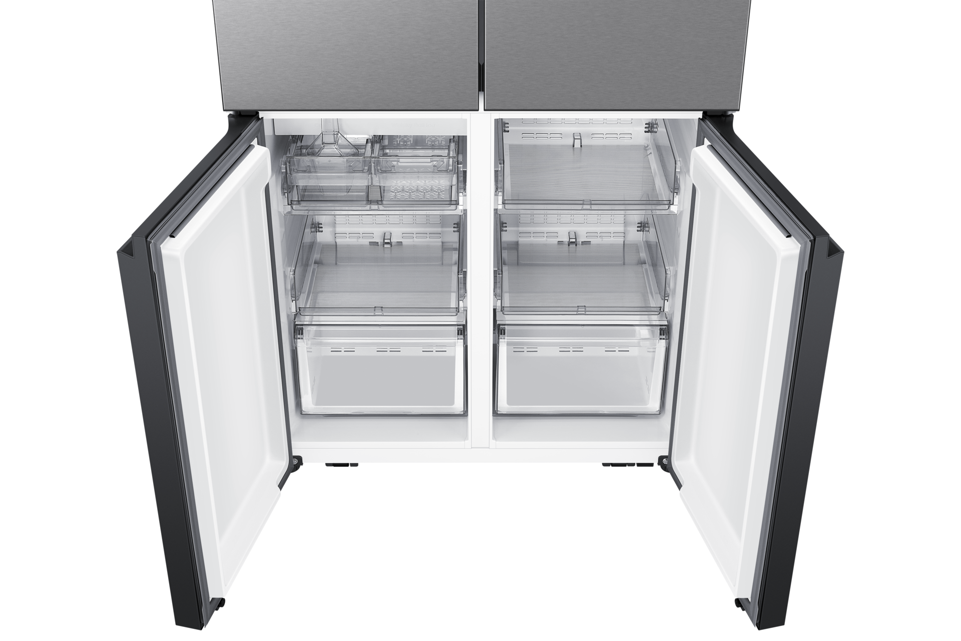 Lodówka Multidoor AI do obudowy RM70F63NEREO z otwartymi dolnymi drzwiami zamrażalnika z widocznymi półkami i szufladami oraz kostkarką Dual Auto Icemaker.