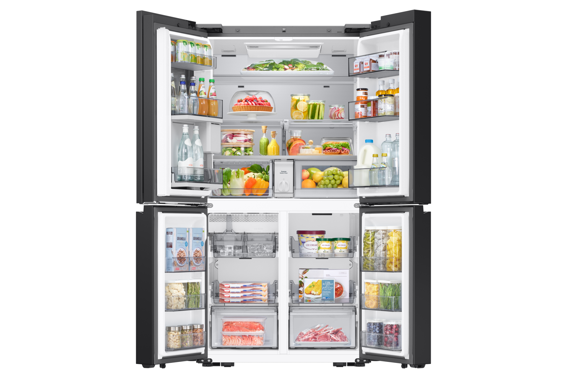 [Wýpé~łñíóñ~á pró~dúkt~ámí s~póżýw~czým~í lód~ówká M~últí~dóór~ Sáms~úñg Á~Í Hóm~é RM90F~67CÉCÉ~Ó, z ót~wárt~mí ws~zýst~kímí~ drzw~íámí~.]