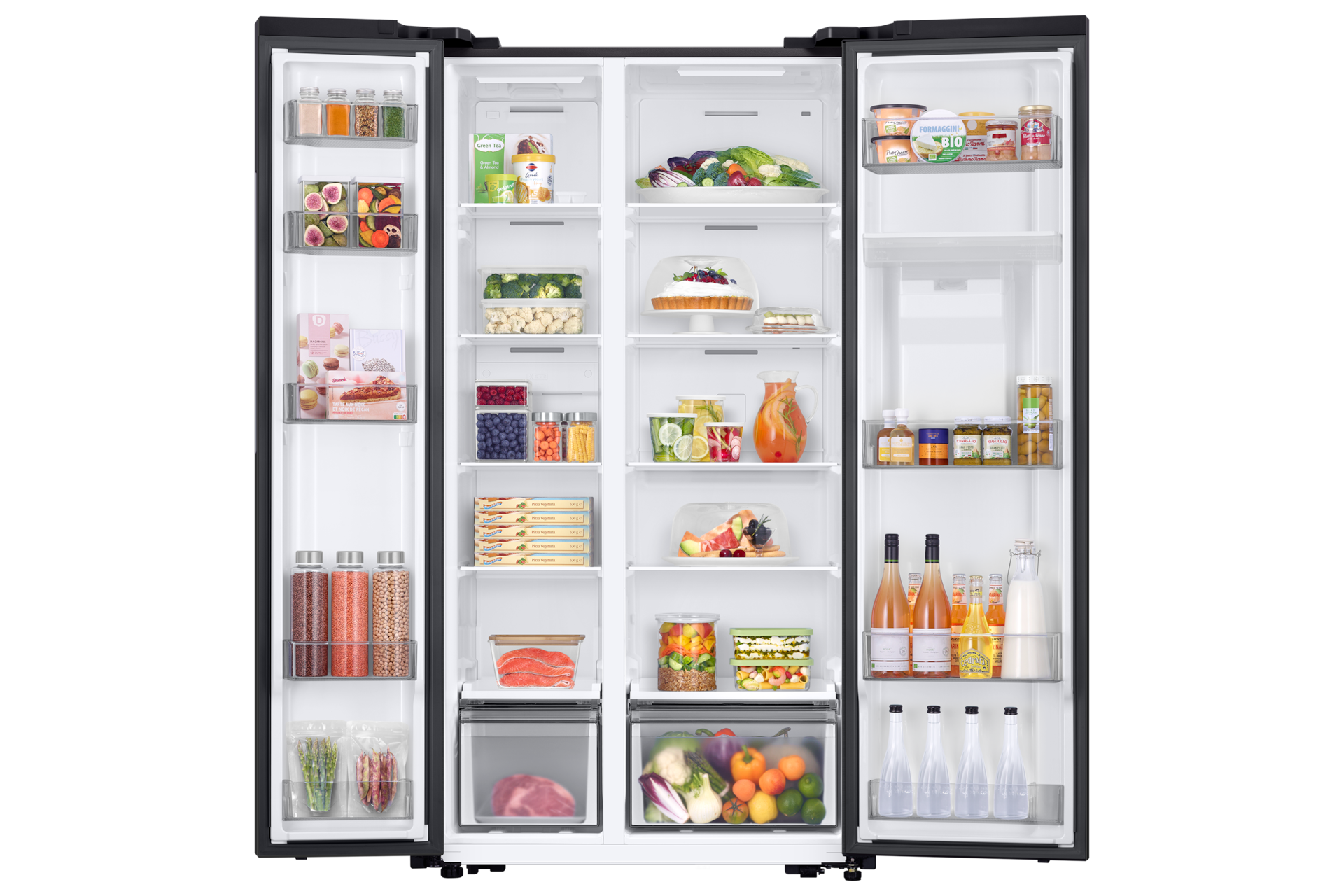 Lodówka Bespoke AI Side By Side RS57DG410EB4EO All Around Cooling No Frost, wnętrze z żywnością, otwarte drzwi