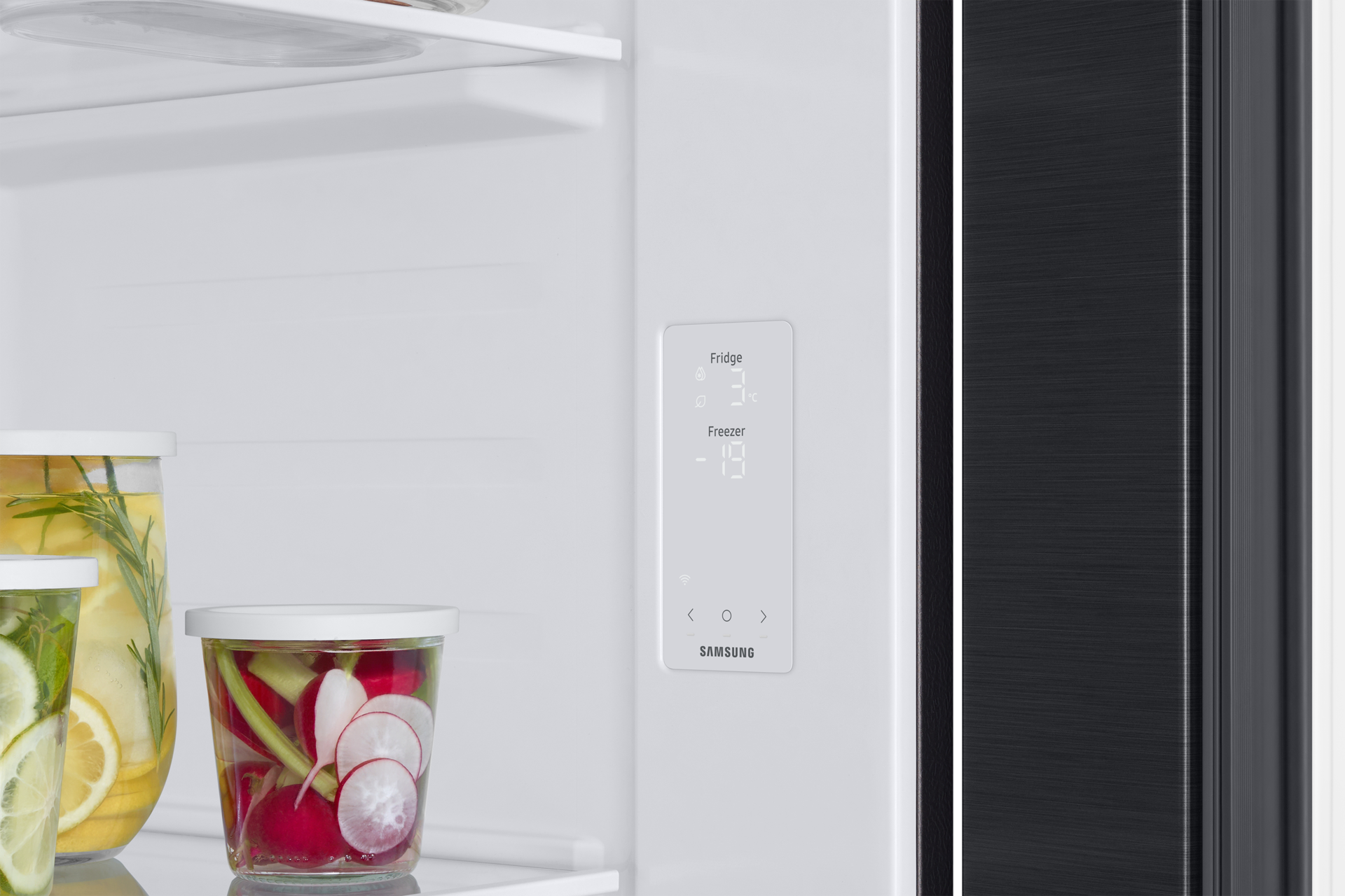 Lodówka Bespoke AI Side By Side RS57DG410EB4EO All Around Cooling No Frost, panel sterowania wewnątrz komory