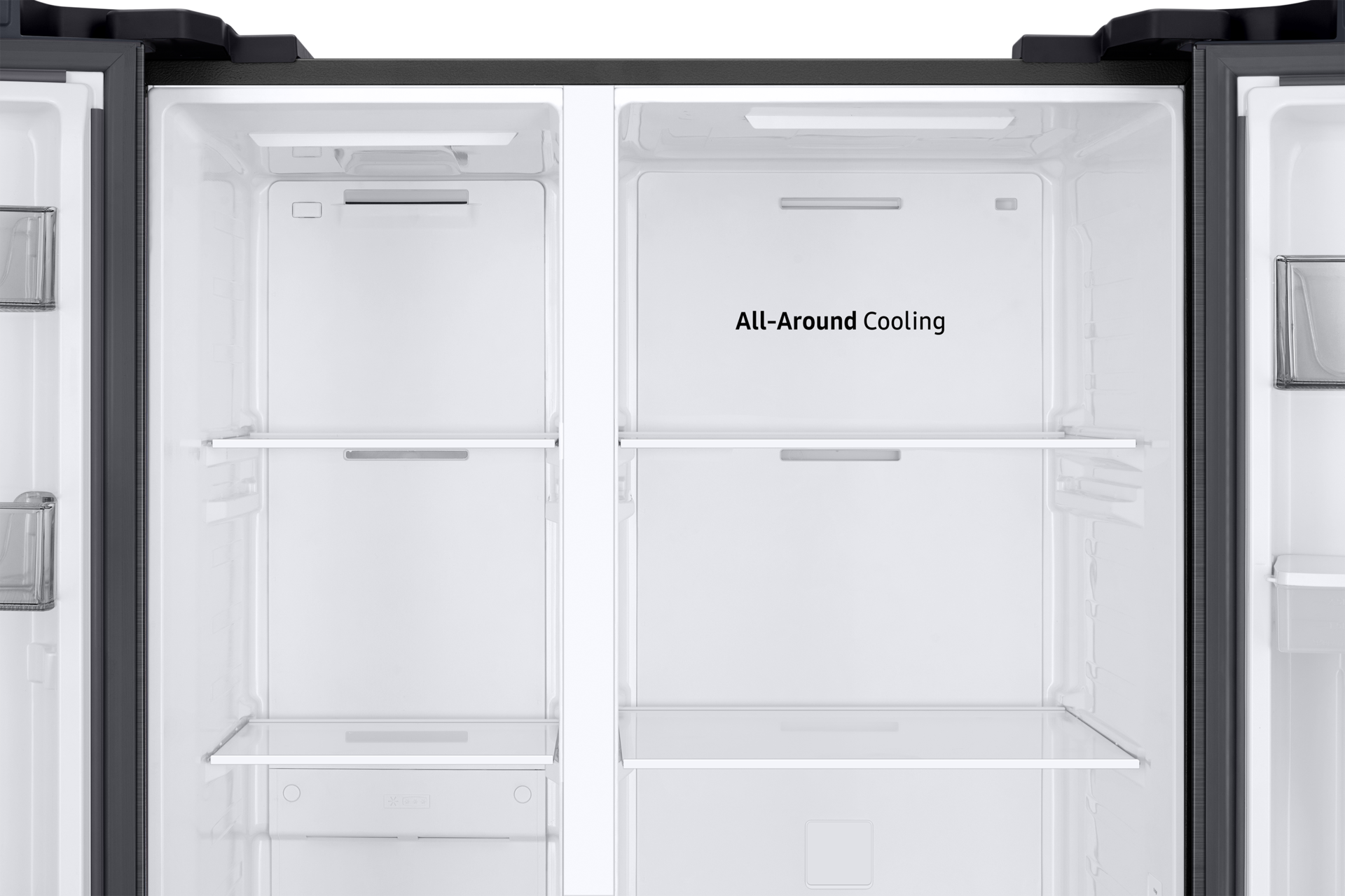 Lodówka Bespoke AI Side By Side RS57DG410EB4EO All Around Cooling No Frost, wnętrze górnej części, półki i system chłodzenia