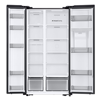 Lodówka Bespoke AI Side By Side RS57DG410EB4EO All Around Cooling No Frost, wnętrze, otwarte drzwi, puste półki