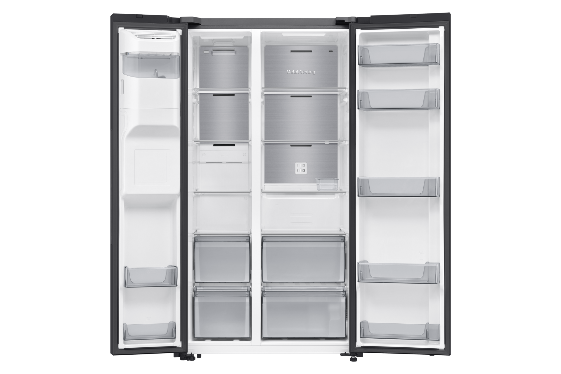 Lodówka Side By Side AI RS70F64KEBEO No Frost Metal Cooling z otwartymi drzwami