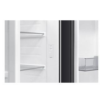 Wewnętrzny panel sterowania temperaturą w lodówce Samsung RS80F64JEBEO – ustawienia chłodziarki i zamrażarki na wyświetlaczu LED.