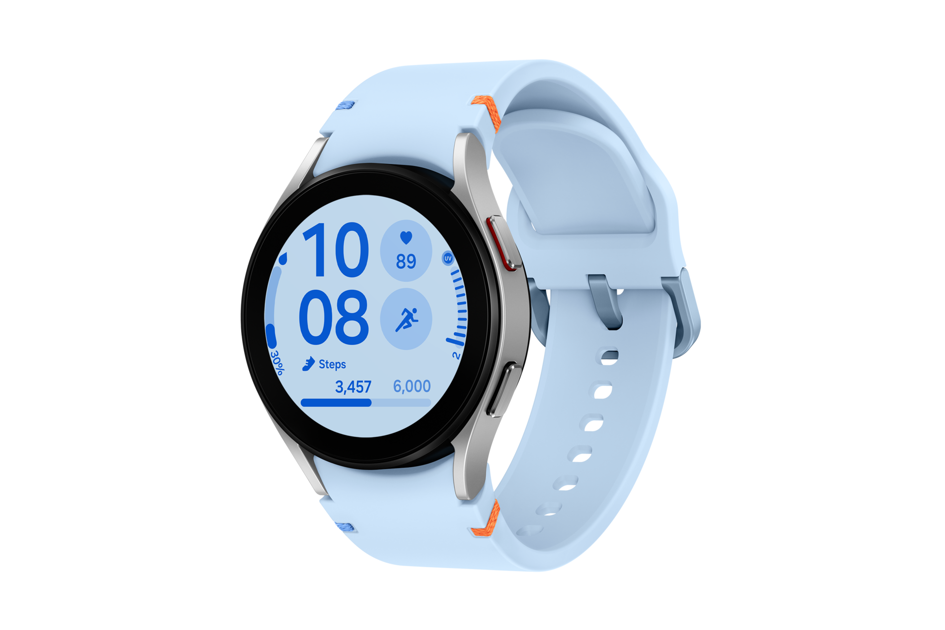 Srebrny smartwatch Galaxy FE bokiem od prawej 