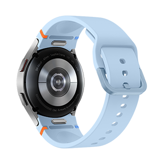 Srebrny smartwatch Galaxy FE widziany od tyłu 