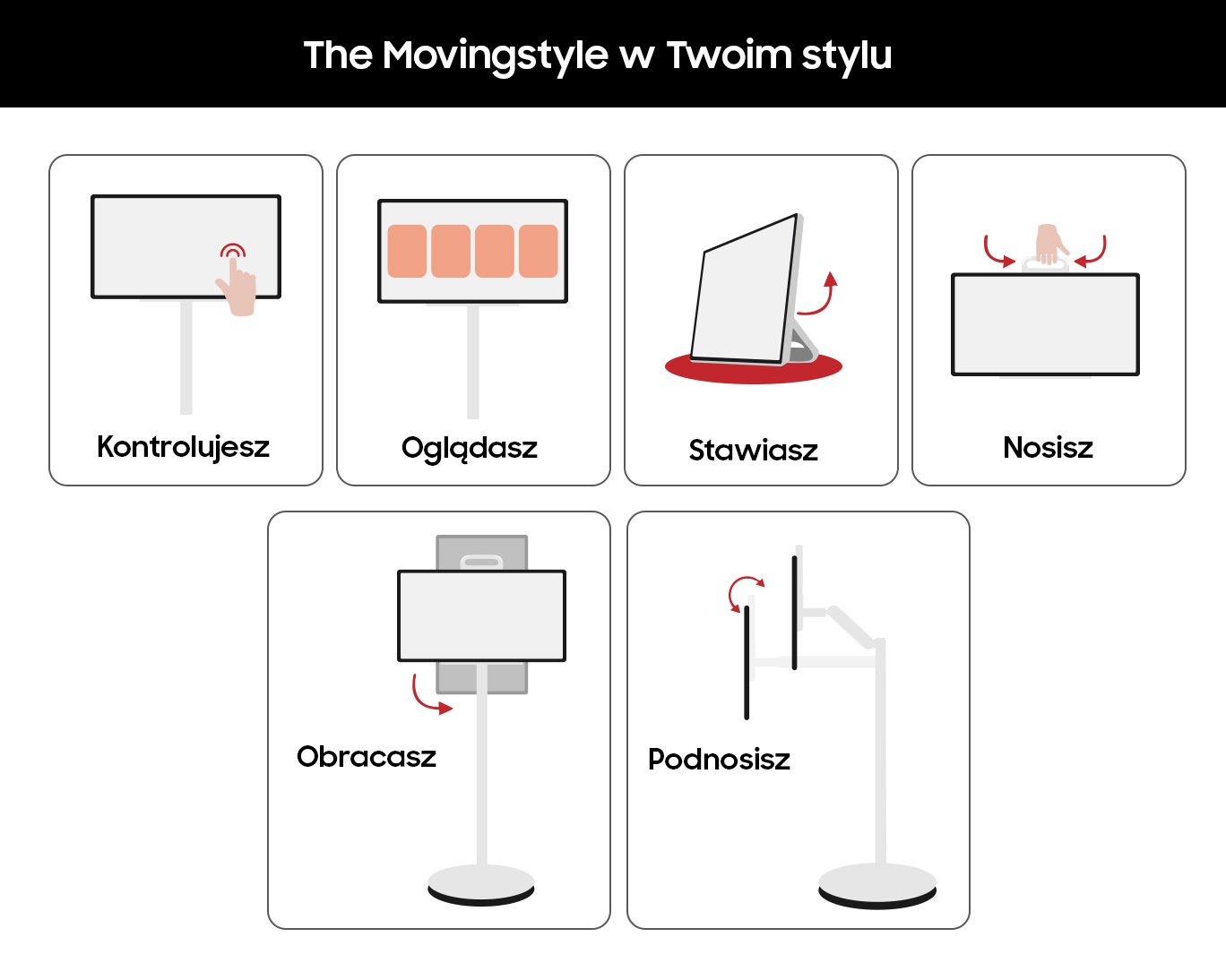 Sześć ikon pokazujących sposoby korzystania z The Movingstyle: kontrolujesz, oglądasz, stawiasz, nosisz, obracasz, podnosisz.