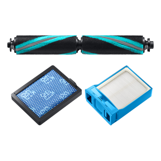 Wszystkie elementy zestawu akecesoriów VCA-RAK95 do odkurzaczy samojezdnych Jet Bot AI + widzoczne na jednym zdjęciu - główna szczotka, filtr przedsilnikowy i filtr drobnego pyłu