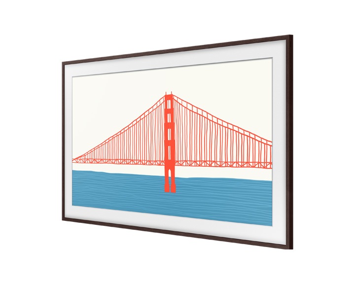 Telewizor Samsung The Frame 65" z wymienną ramką wiszący na ścianie (VG-SCFA65BWBXC) - widok po skosie w lewo