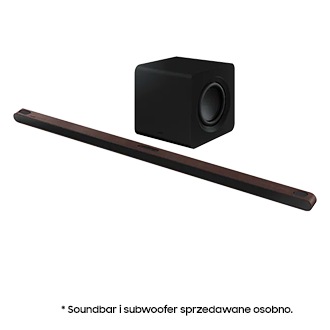 Ramka do soundbara Ultra Slim VG-SCFBS8BW/XC - widok ramki z soundbarem po skosie  w prawo z subwooferem