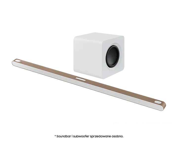 Ramka do soundbara Ultra Slim VG-SCFBS8TK/XC - widok ramki z soundbarem po skosie  w prawo z subwooferem