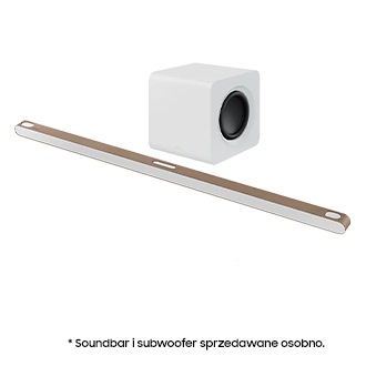 Ramka do soundbara Ultra Slim VG-SCFBS8TK/XC - widok ramki z soundbarem po skosie  w prawo z subwooferem