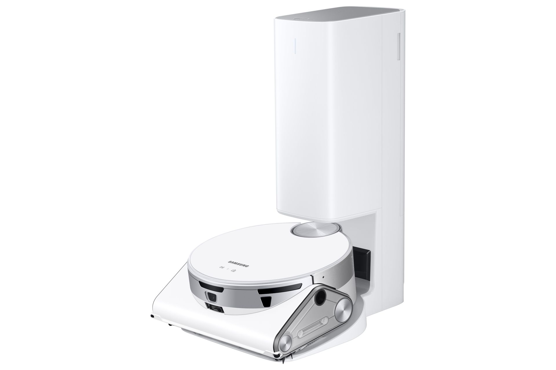 Odkurzacz samojezdny Samsung Jet Bot AI +  VR50T95735W w stacji czyszczącej widok po skosie w prawo