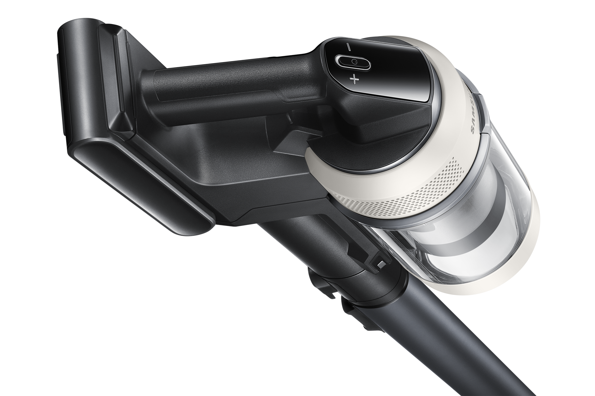 Odkurzacz ręczny Bespoke Jet AI Lite z widocznym panelem sterowania i pojemnikiem na kurz.