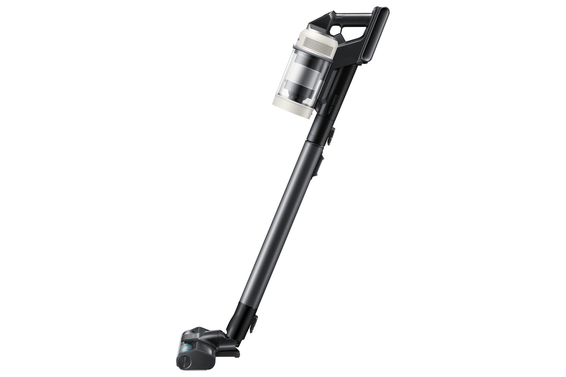 Lekko pochylony bezprzewodowy odkurzacz pionowy Bespoke AI Jet Lite complete extra VS80F28DES/GE z elektroszczotką Slim LED+ AI, widok lewego boku.