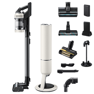 Bezprzewodowy odkurzacz pionowy Bespoke AI Jet Lite complete extra VS80F28DES/GE z akcesoriami i stacją ładującą, w kolorze złamanej bieli.