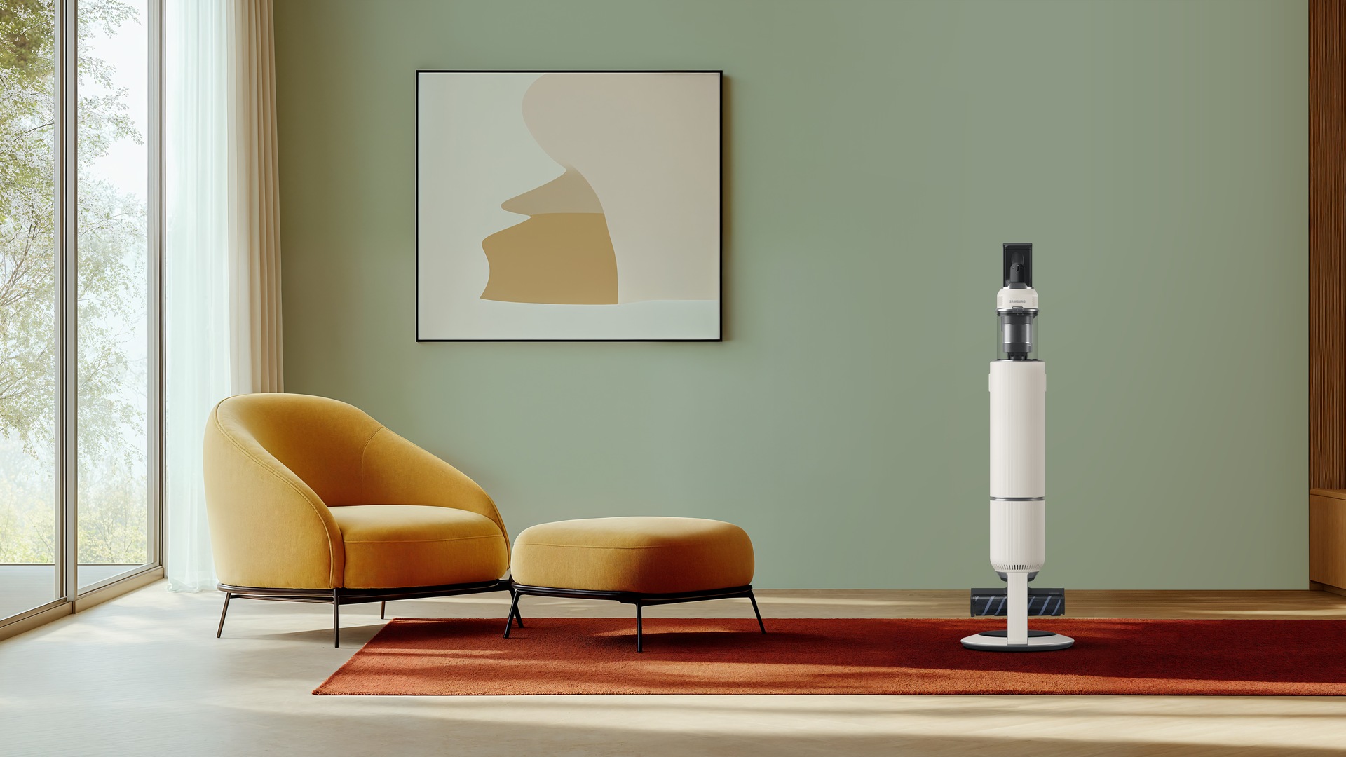 Odkurzacz bezprzewodowy Samsung Bespoke AI Jet Lite complete extra 280W stojący na tle nowoczesnego wnętrza