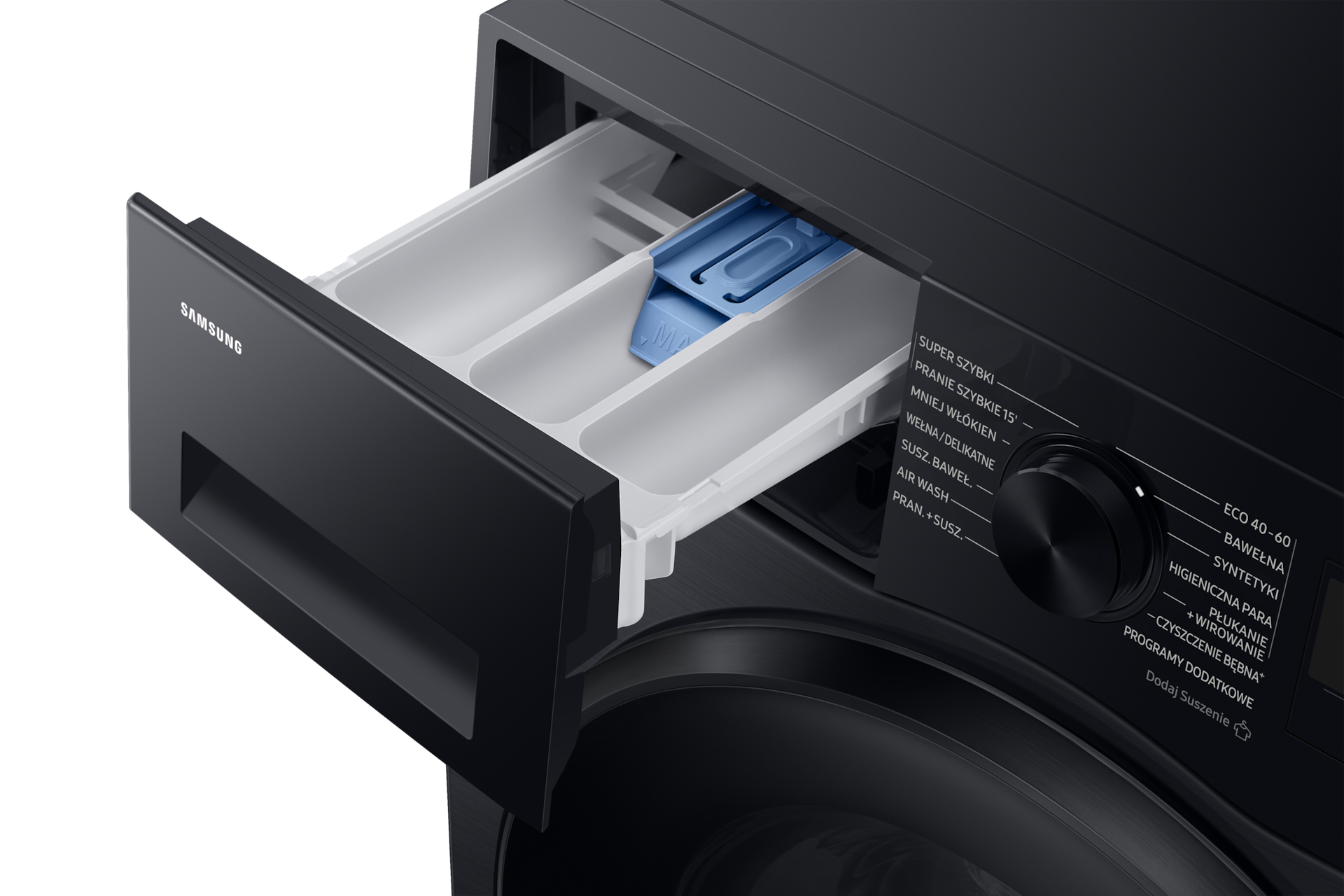 Zbliżenie na szufladę na detergent w pralko-suszarce Samsung, wysuniętą, ukazującą trzy przegródki: dwie większe po bokach i mniejszą, niebieską w środku.