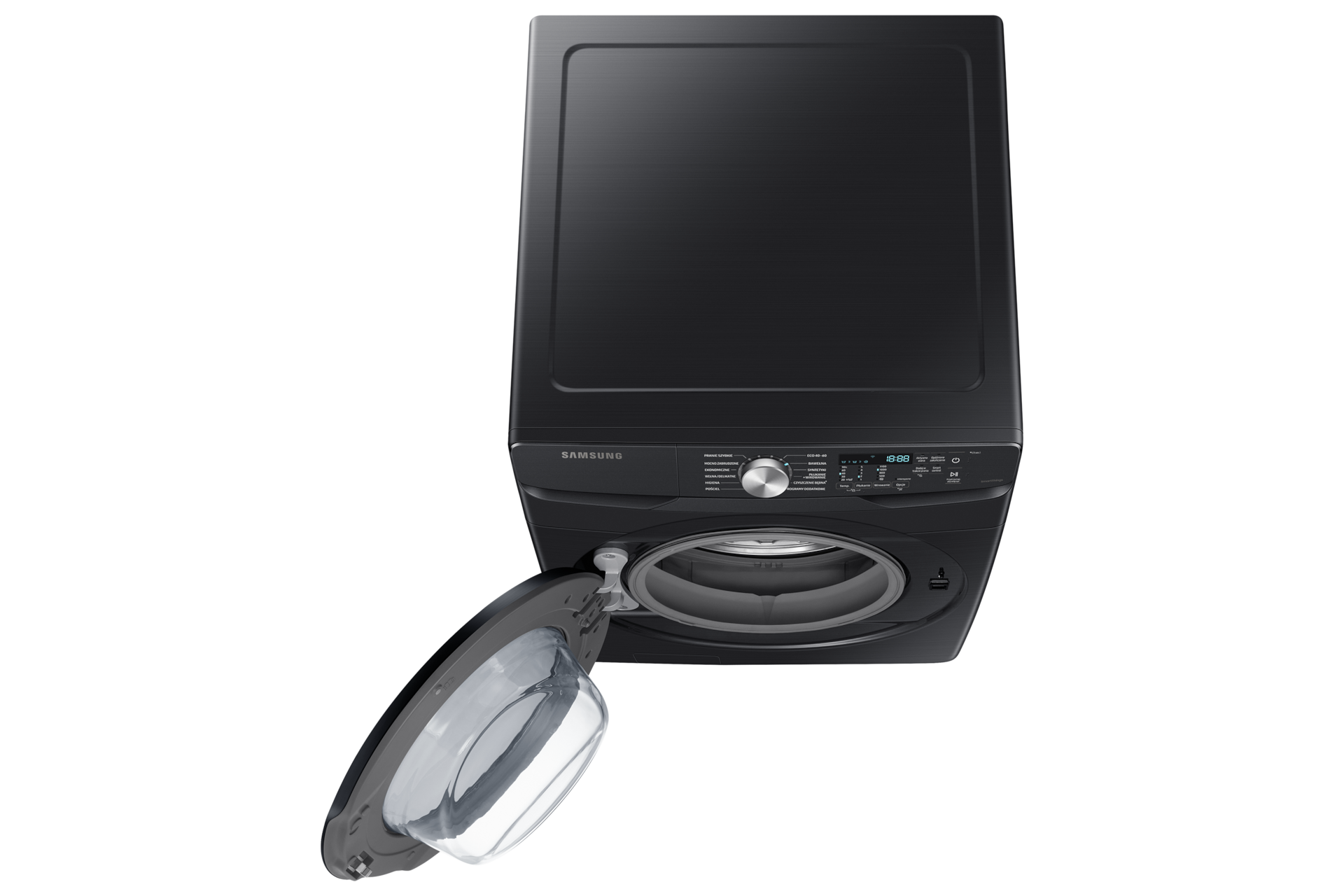 top2 BlackPokazana od góry nieco z przodu otwarta czarna pralka EcoBubble™ z załadunkiem aż 18 kg