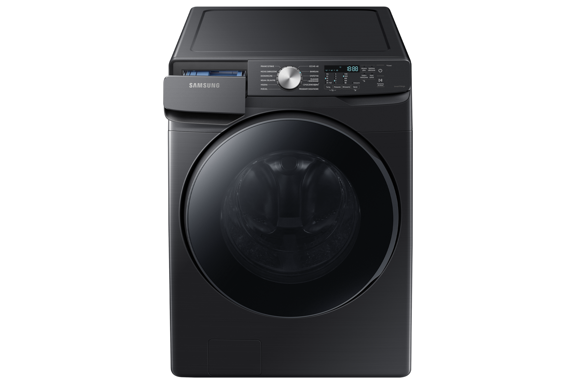 Front pralki Samsung EcoBubble™ WF18T8000GV z wysuniętą szufladą na środki piorące