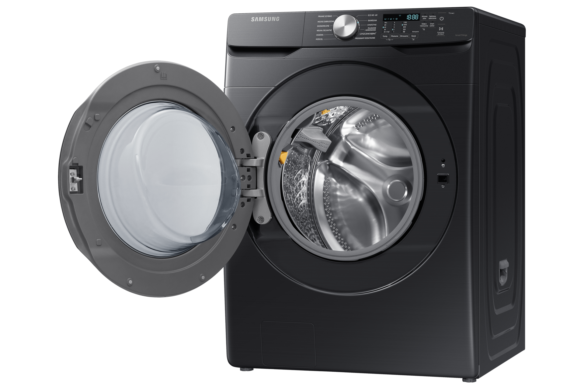 Czarna pralka EcoBubble™ WF18T8000GV z otwartymi drzwiami pokazana pod kątem z prawej