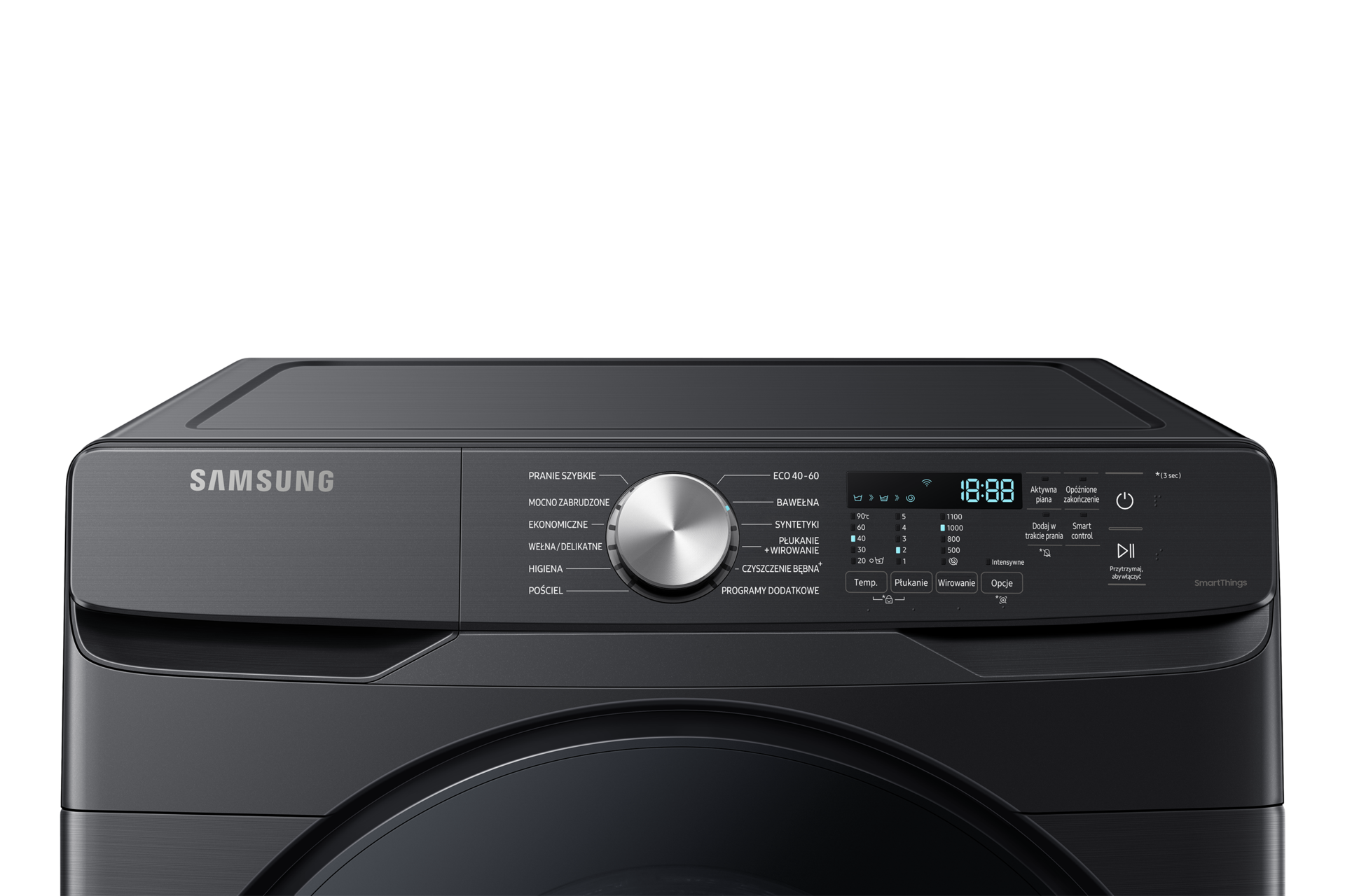 Widok na górną część czarnej pralki Samsung EcoBubble™ o załadunku 18 kg z widocznymi: szufladą na detergenty, panelem sterowania i wyświetlaczem - WF18T8000GV