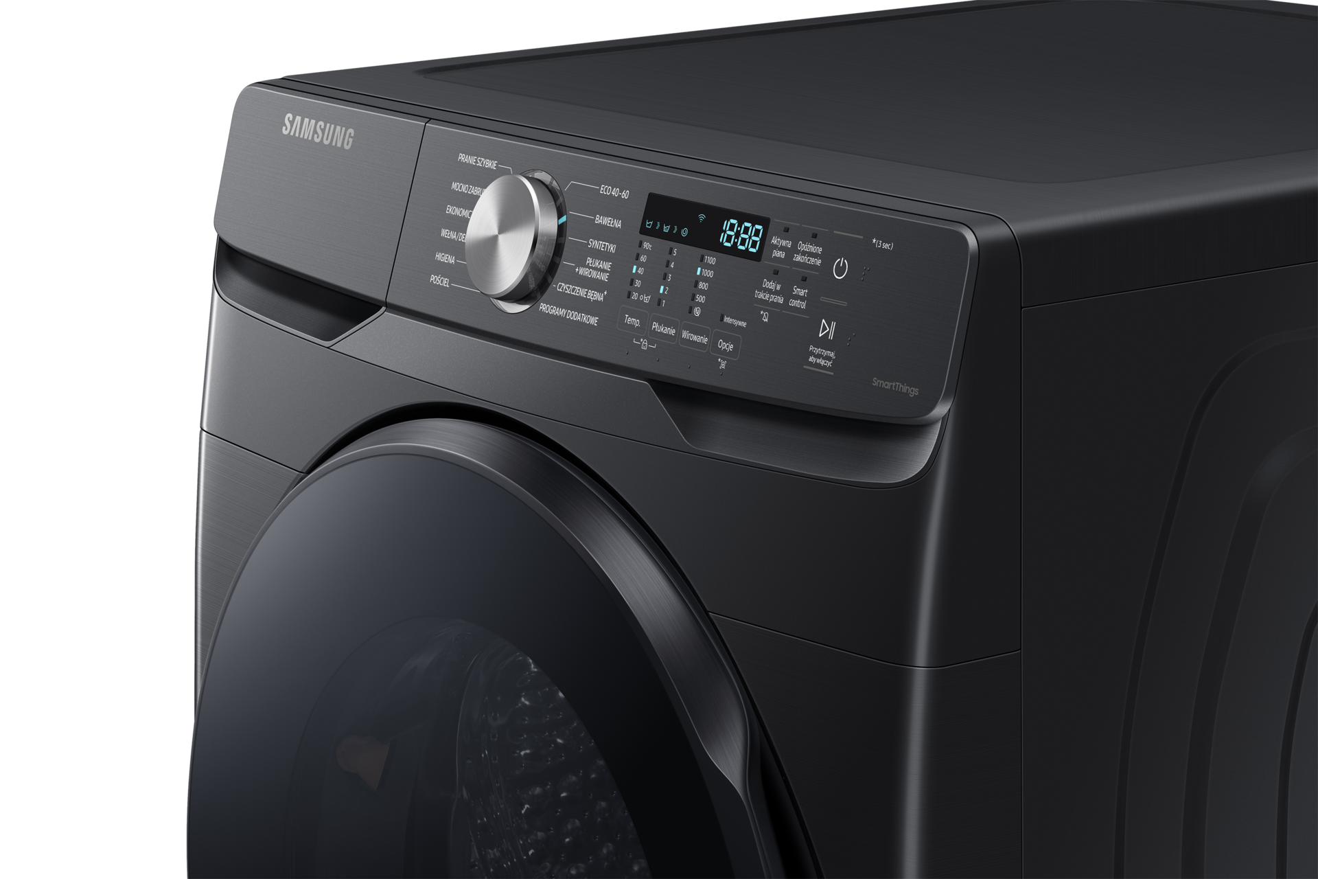 Pokazana z bliska pod kątem z prawej górna część czarnej pralki Pralka EcoBubble™ WF18T8000GV - widać wyświetlacz, przyciski, pokrętło i szufladę na detergent