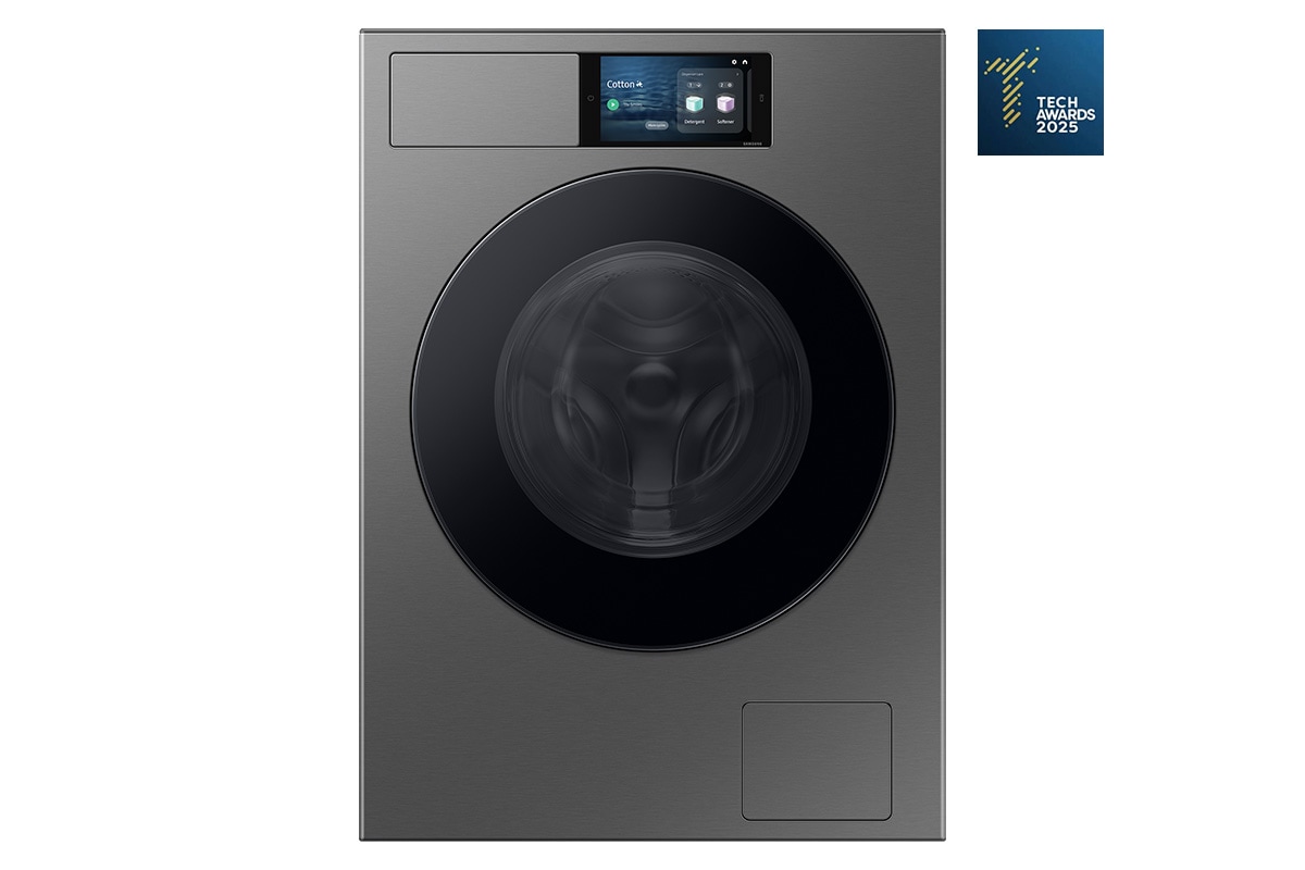 Nowoczesna pralka Samsung WF90F09C4SU4, widok z przodu. Obok widoczny znaczek TECH AWARDS 2025 - Zwycięzca w kategorii Smart Life Dom.
