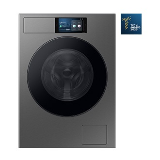 Nowoczesna pralka Samsung WF90F09C4SU4, widok z przodu. Obok widoczny znaczek TECH AWARDS 2025 - Zwycięzca w kategorii Smart Life Dom.