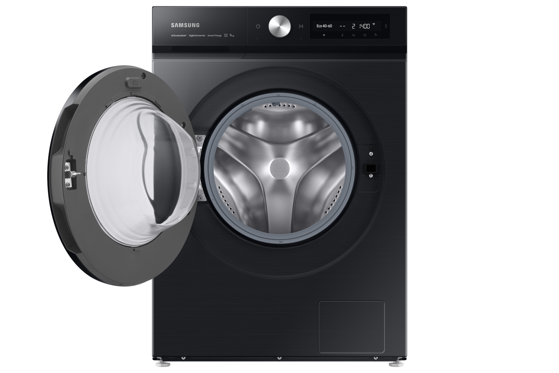 Pralka Bespoke AI™ QuickDrive™ WW11BB744DGBS6 przodem z otwartymi drzwiami