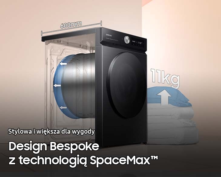Pralka Bespoke AI™ QuickDrive™ WW11BB744DGBS6 z informacją o użytej technologii SpaceMax™ i wyjątkowym designie Bespoke