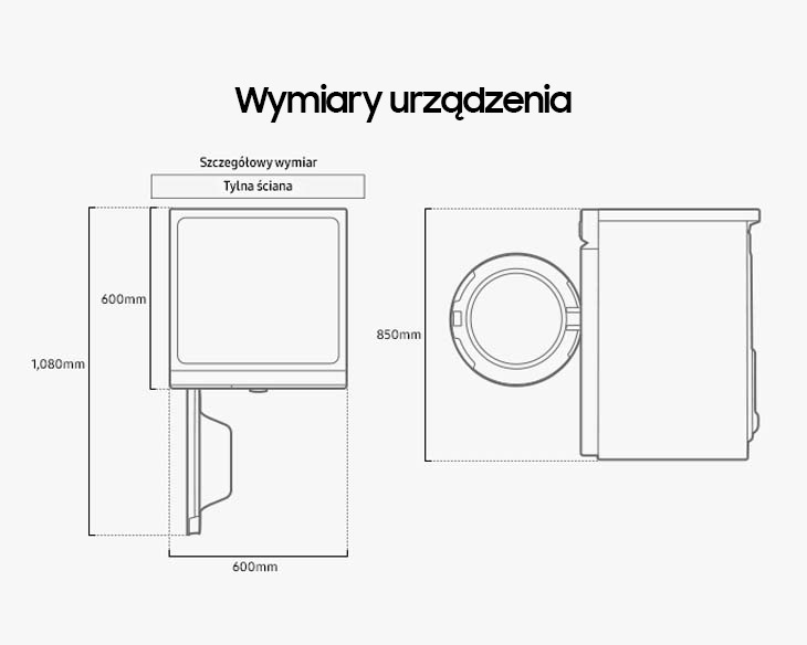 Schemat wymiarów pralki Samsung Bespoke AI™ QuickDrive™ WW11BB744DGBS6 