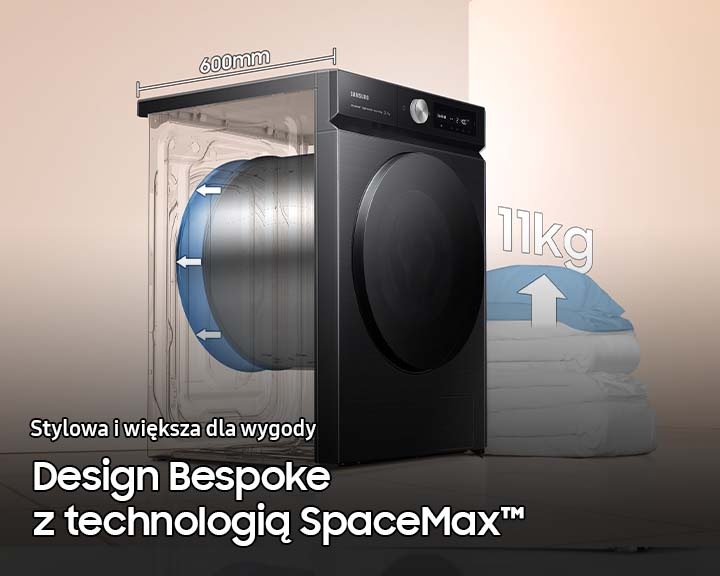 Pralka Bespoke AI™ QuickDrive™ WW11BB744DGBS6 z informacją o użytej technologii SpaceMax™ i wyjątkowym designie Bespoke
