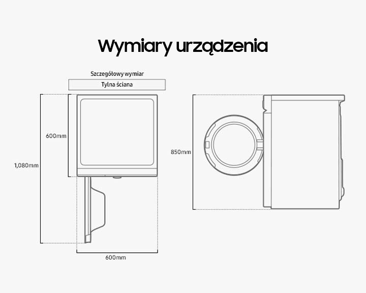 Schemat wymiarów pralki Samsung Bespoke AI™ QuickDrive™ WW11BB744DGBS6 