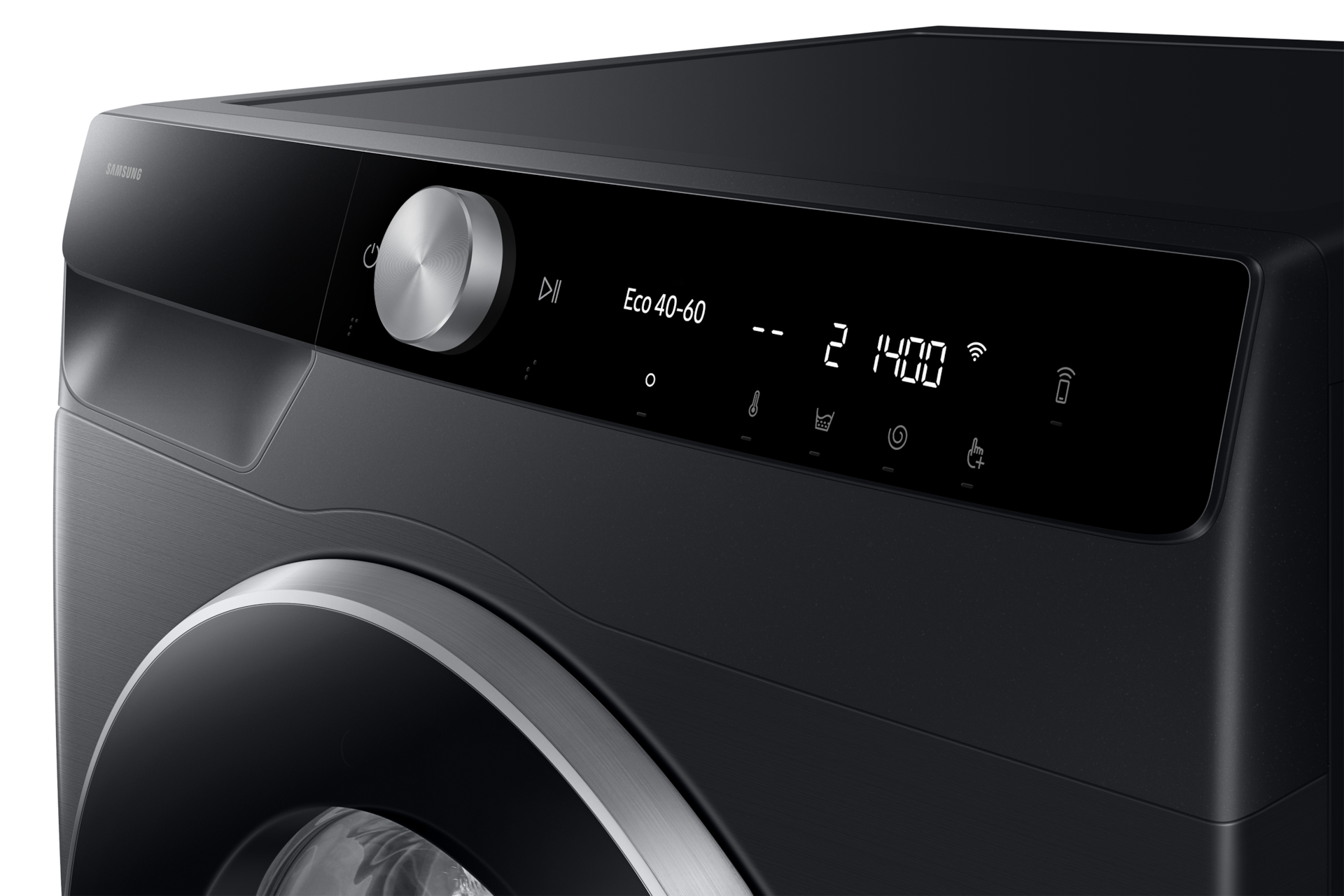 Pralka Samsung WW11DG6B85LBU4 czarna - zbliżenie pod kątem na panel sterowania z pokrętłem programów, wyświetlaczem programu oraz ikonami temperatury, poziomu zabrudzenia i łączności Wi-Fi