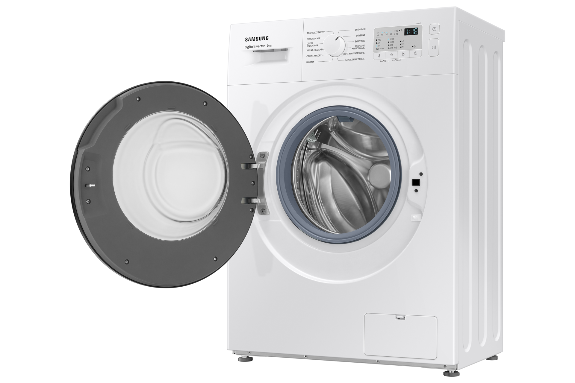 Pralka Slim WW60A3120BH/EO po skosie z otwartymi drzwiczkami