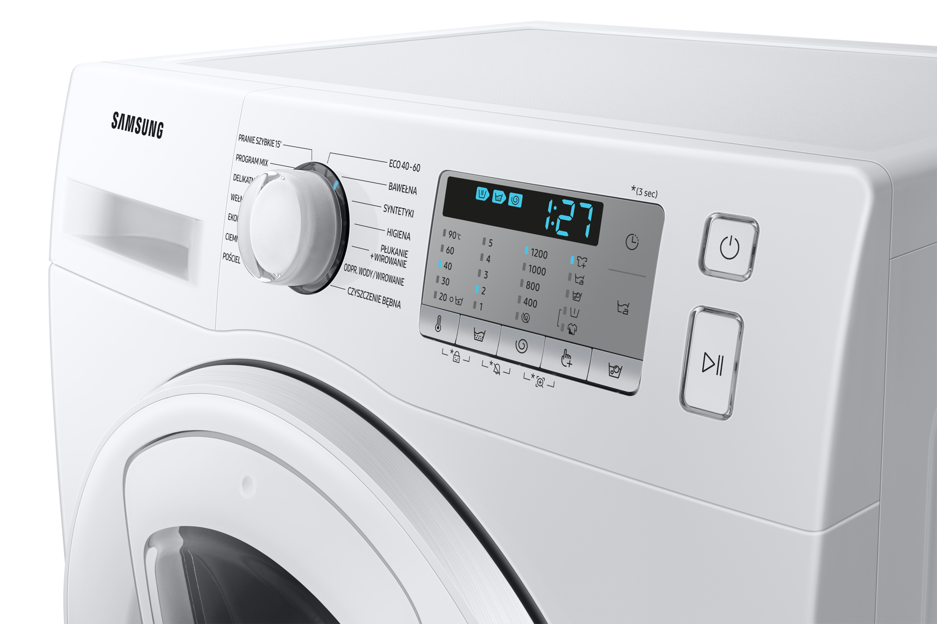 Widok po skosie na pralkę Samsung z Drzwiami Addwash™ WW65AA626TH - zbliżenie na górną część z panelem sterowania i wyświetlaczem