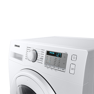 Widok po skosie na pralkę Samsung z Drzwiami Addwash™ WW65AA626TH - zbliżenie na górną część z panelem sterowania i wyświetlaczem