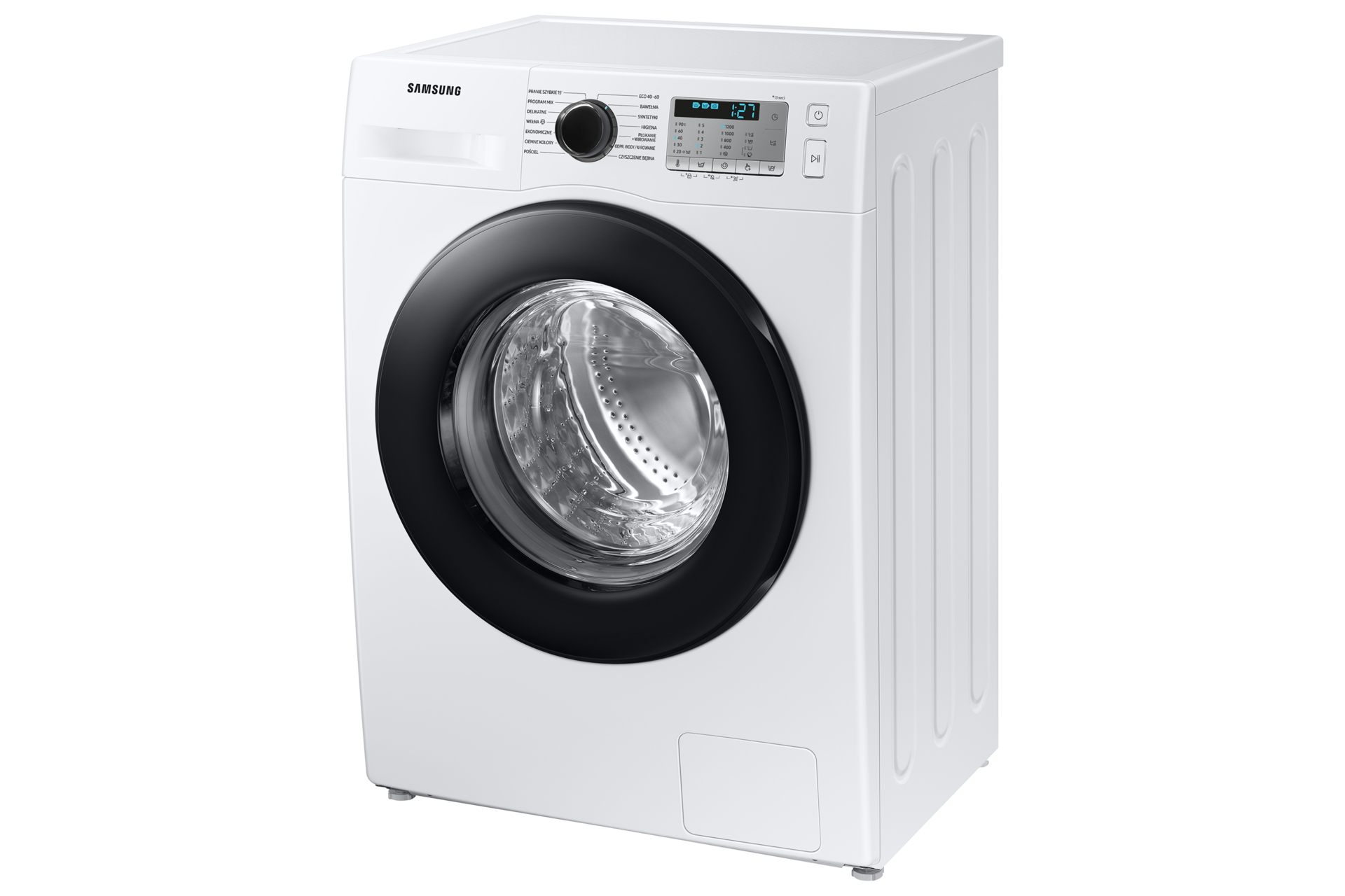 Pralka Samsung Slim WW80AA126AH widoczna od prawej strony pod kątem, posiadająca technologię EcoBubble™ 
