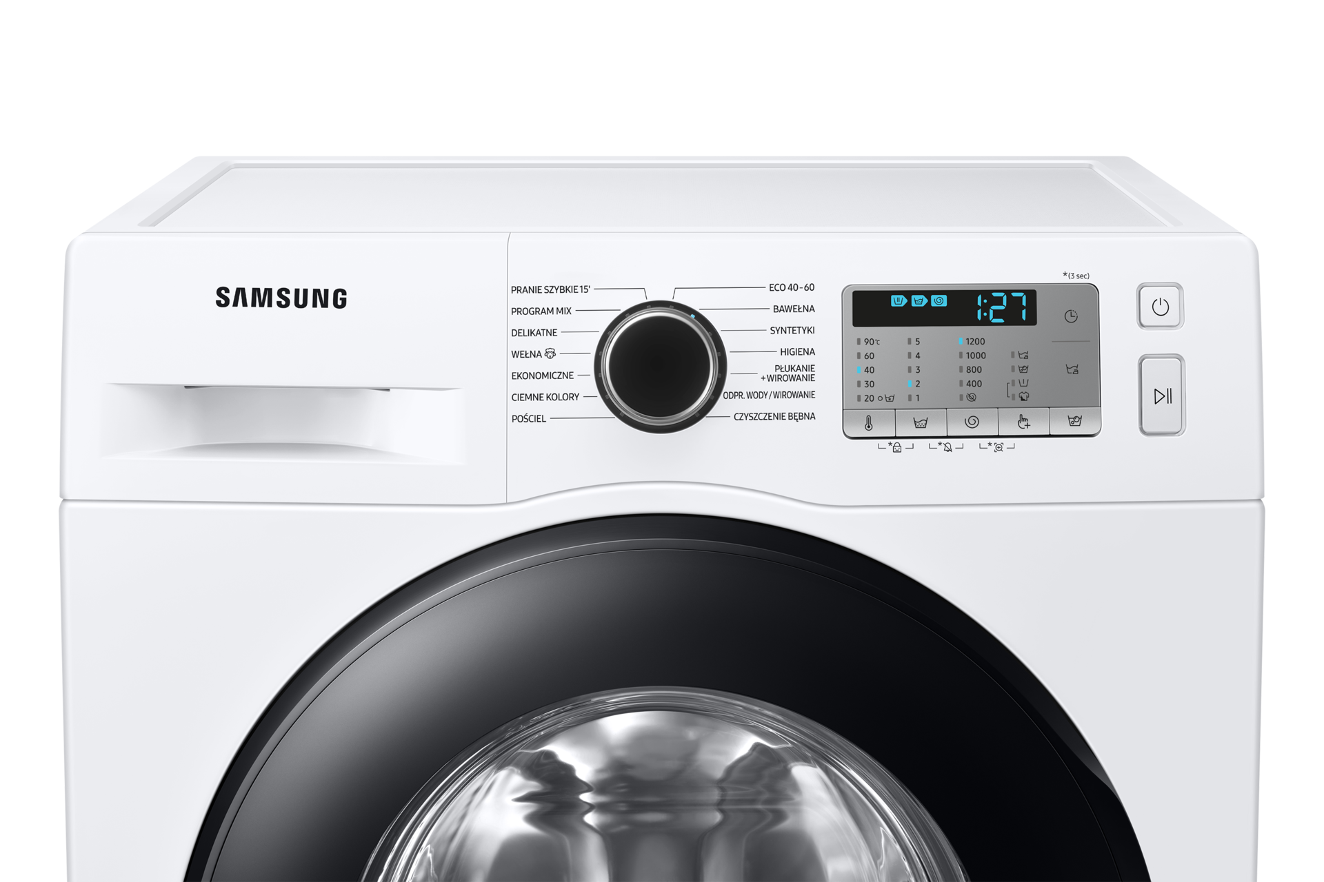 Zbliżenie górnej części pralki Samsung Slim WW80AA126AH