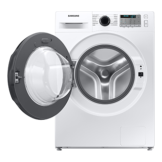 Otwarta pralka Samsung Slim WW80AA126AH widoczna od frontu, posiadająca silnik Digital Inverter i ładowność 8kg