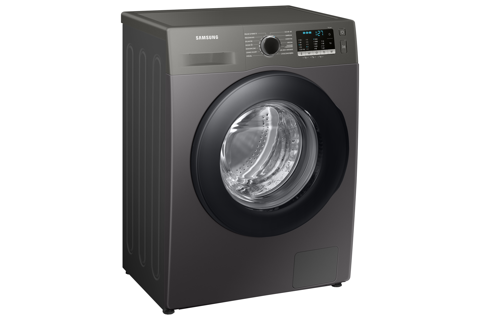 Zaprezentowana z prawej strony pod kątem pralka Samsung Slim WW80AA126AX z silnikiem Digital Inverter