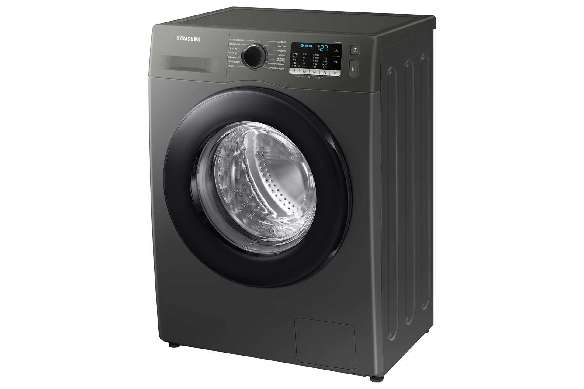 Pralka Samsung Slim WW80AA126AX w kolorze inox ukazana z lewej strony pod kątem posiadająca bęben o ładowności 8kg
